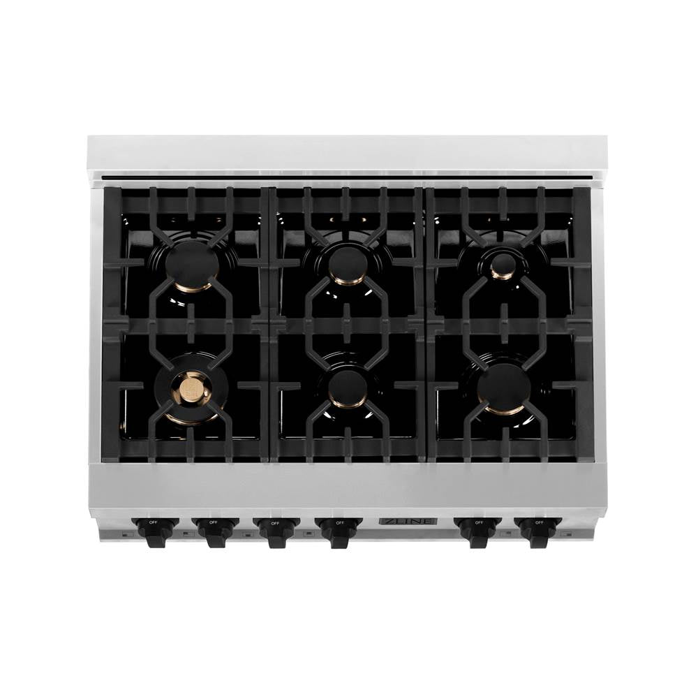 Autograph Edition 36'' Porcelain Rangetop with 6 Gas Burners in Stainless Steel and Champagne Bronze Accents