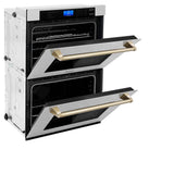 30'' Autograph Edition Double Wall Oven with Self Clean and True Conection in DuraSnow Stainless Steel and Champagne Bronze