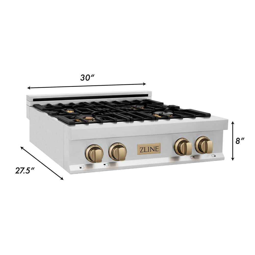 Autograph Edition 30'' Porcelain Rangetop with 4 Gas Burners in Stainless Steel and Champagne Bronze Accents