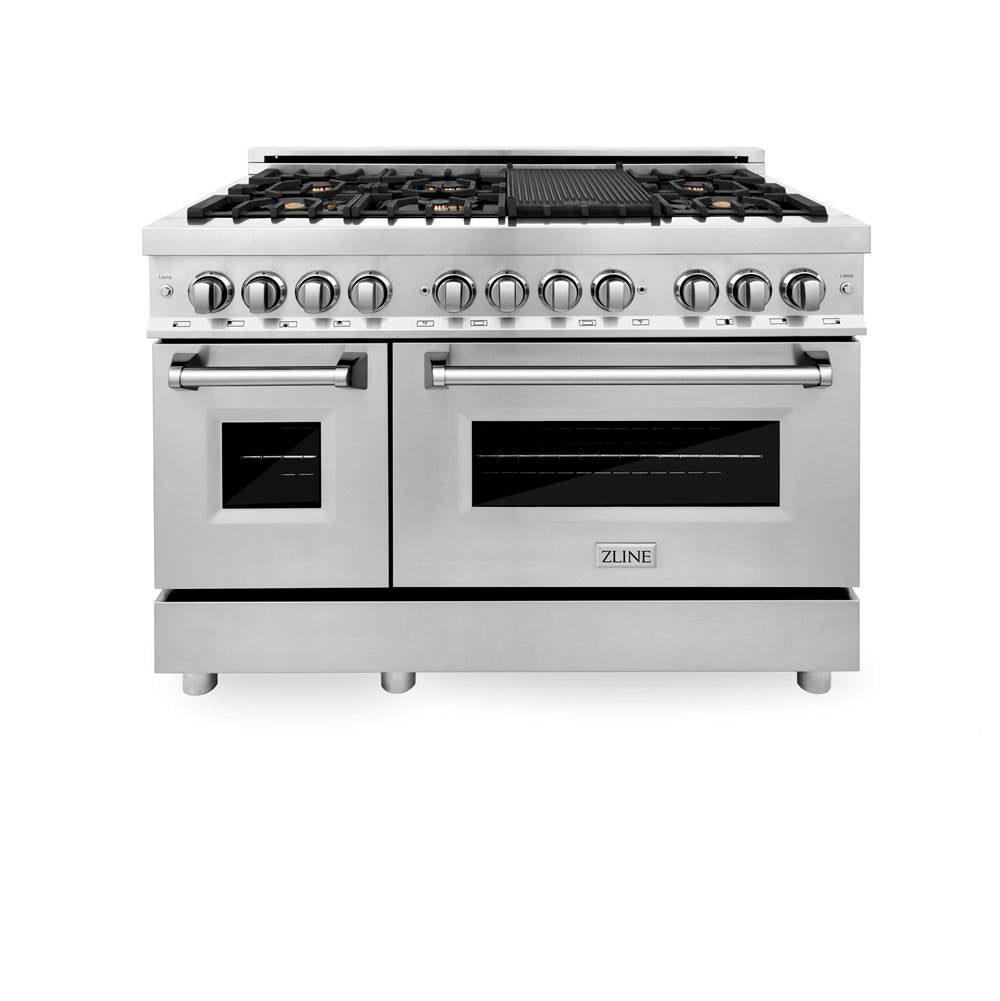 48'' 6.0 cu. ft. Electric Oven and Gas Cooktop Dual Fuel Range with Griddle and Brass Burners in Stainless Steel