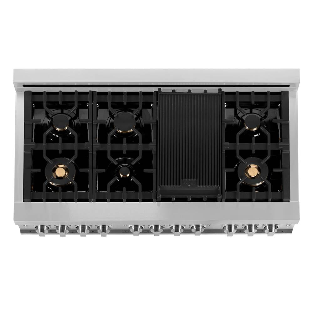 48'' 6.0 cu. ft. Electric Oven and Gas Cooktop Dual Fuel Range with Griddle and Brass Burners in Stainless Steel