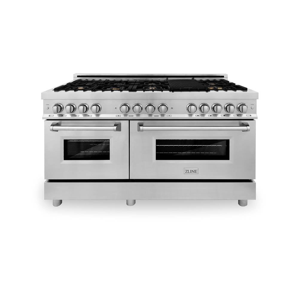 60'' 7.4 cu. ft. Electric Oven and Gas Cooktop Dual Fuel Range with Griddle and Brass Burners in Stainless Steel