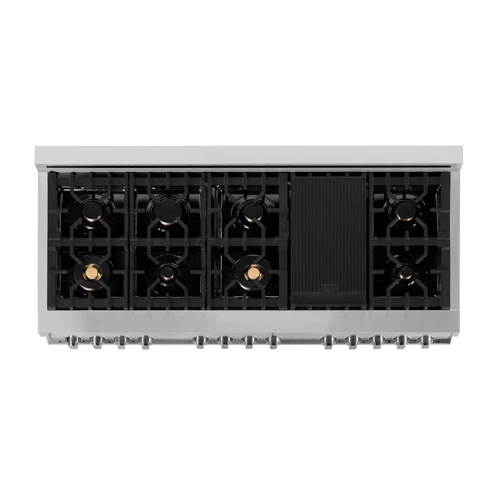 60'' 7.4 cu. ft. Electric Oven and Gas Cooktop Dual Fuel Range with Griddle and Brass Burners in Stainless Steel