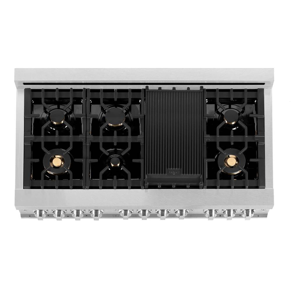 48'' 6.0 cu. ft. Electric Oven and Gas Cooktop Dual Fuel Range with Griddle and Brass Burners in Fingerprint Resistant Stainless