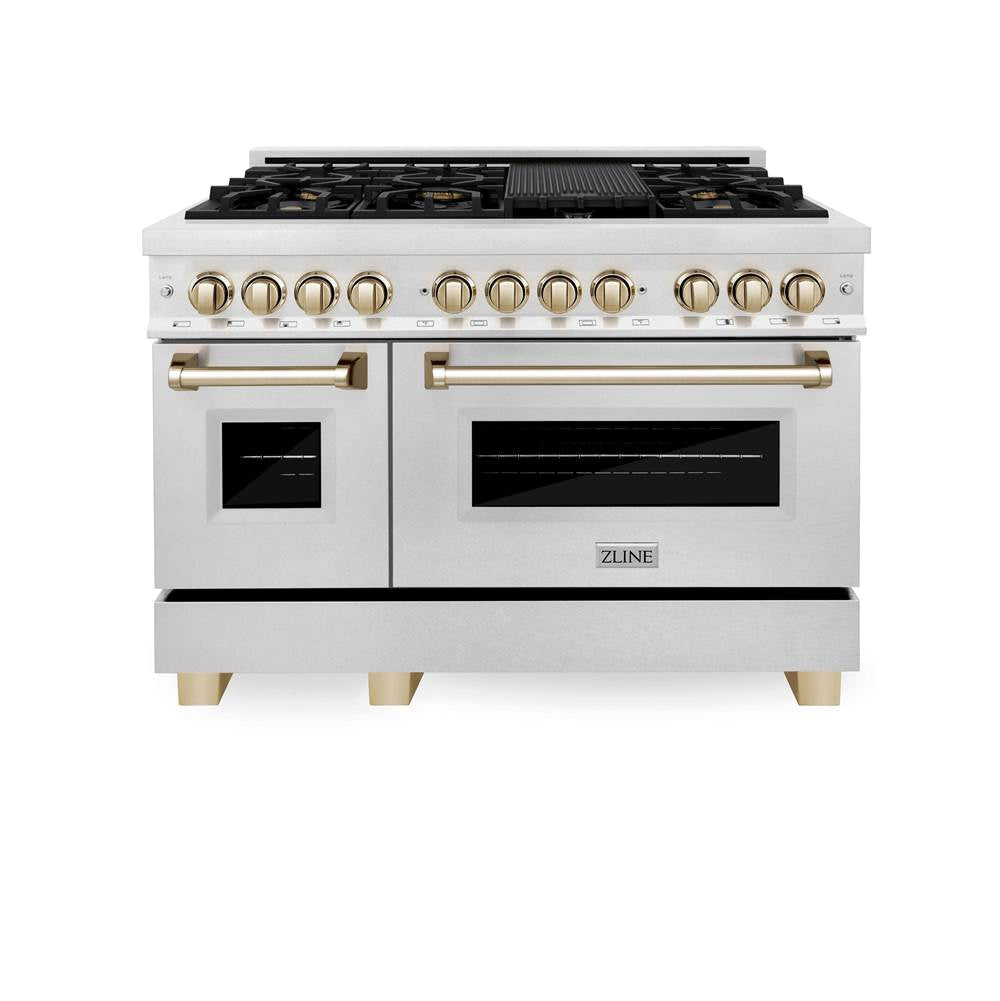 Autograph Edition 48'' 6.0 cu.' Dual Fuel Range with Gas Stove and Electric Oven in DuraSnow Stainless Steel with Champagne Bronze Accents