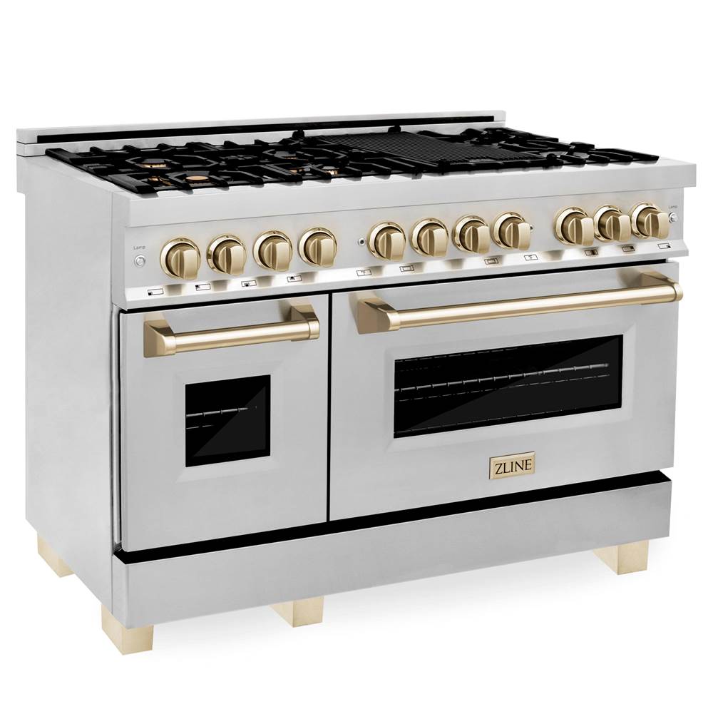 Z-Line - Autograph Edition 48'' 6.0 cu.' Dual Fuel Range with Gas Stove and Electric Oven in Stainless Steel with Gold Accents
