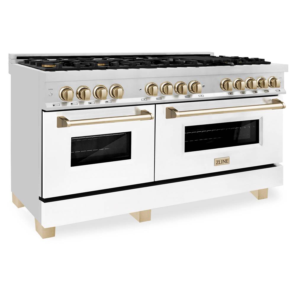 Z-Line - Autograph Edition 60'' 7.4 cu.' Dual Fuel Range with Gas Stove and Electric Oven in Stainless Steel with White Matte Door and Gold Accents