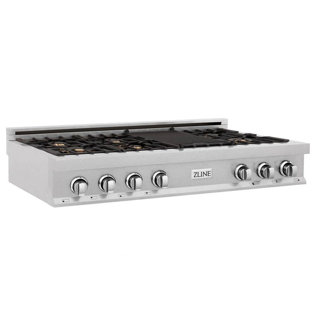 Z-Line - 48'' Porcelain Gas Stovetop in DuraSnow Stainless Steel with 7 Gas Brass Burners and Griddle - DuraSnow Stainless Steel