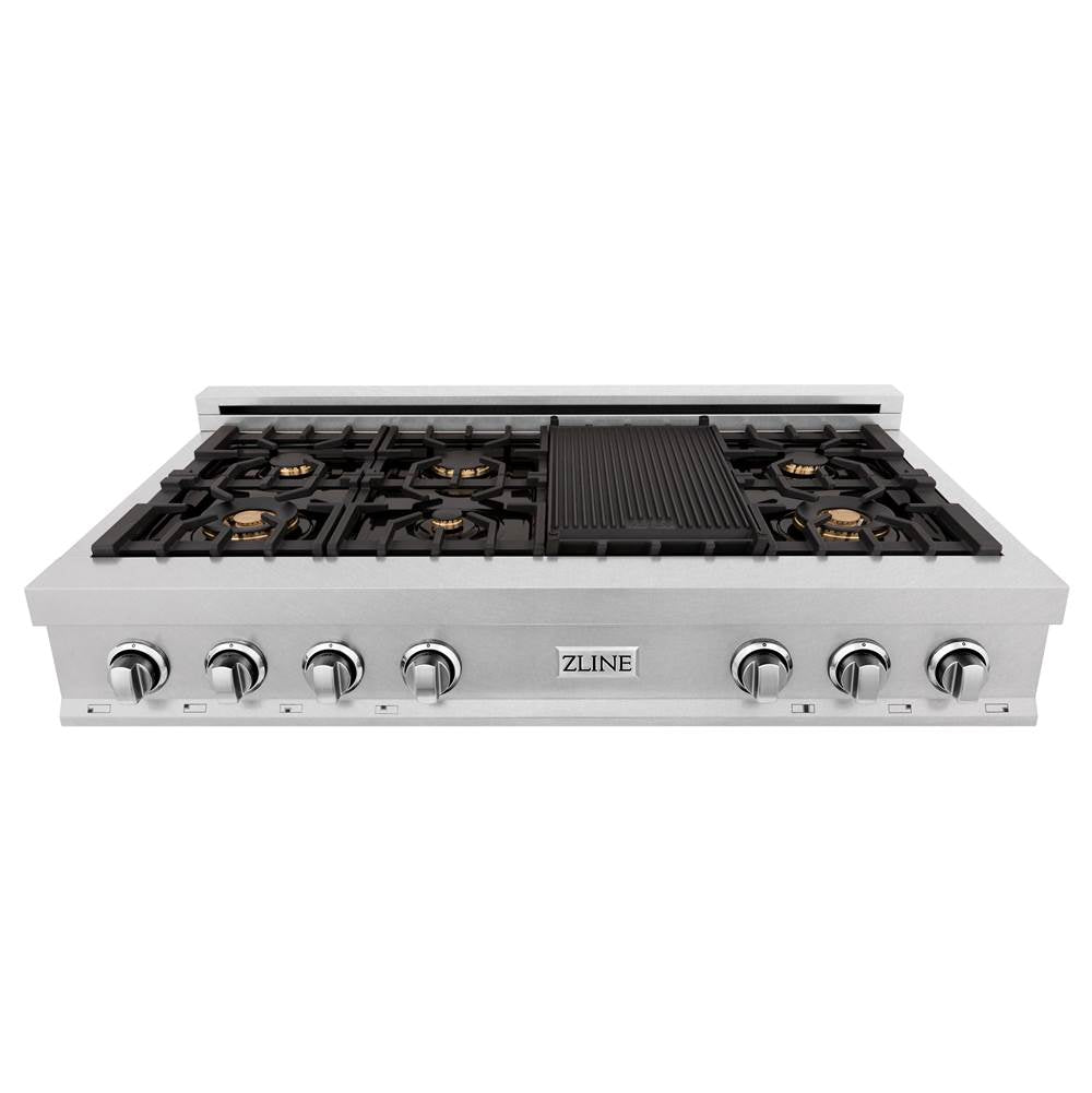 48'' Porcelain Gas Stovetop in DuraSnow Stainless Steel with 7 Gas Brass Burners and Griddle
