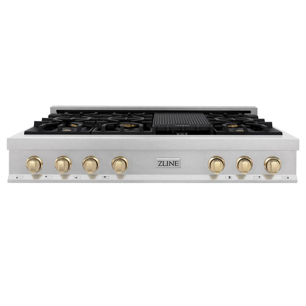 Autograph Edition 48'' Porcelain Rangetop with 7 Gas Burners in DuraSnow Stainless Steel and Champagne Bronze Accents