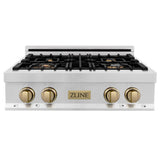 Autograph Edition 30'' Porcelain Rangetop with 4 Gas Burners in Stainless Steel and Champagne Bronze Accents