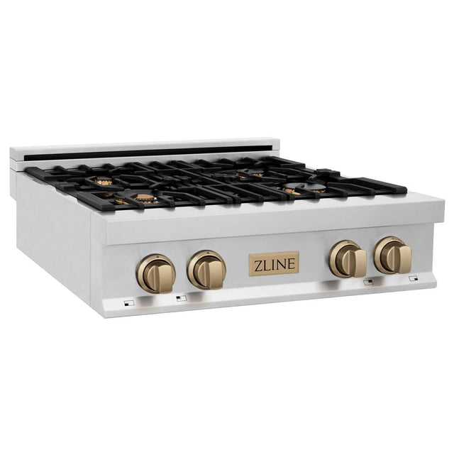 Z-Line - Autograph Edition 30'' Porcelain Rangetop with 4 Gas Burners in Stainless Steel and Champagne Bronze Accents - Champagne Bronze