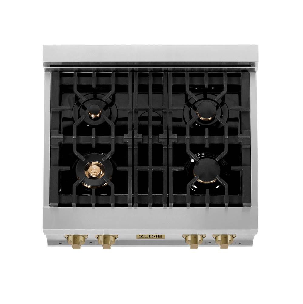 Autograph Edition 30'' Porcelain Rangetop with 4 Gas Burners in Stainless Steel and Champagne Bronze Accents