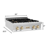 Autograph Edition 30'' Porcelain Rangetop with 4 Gas Burners in Stainless Steel and Champagne Bronze Accents