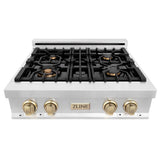 Autograph Edition 30'' Porcelain Rangetop with 4 Gas Burners in Stainless Steel and Champagne Bronze Accents