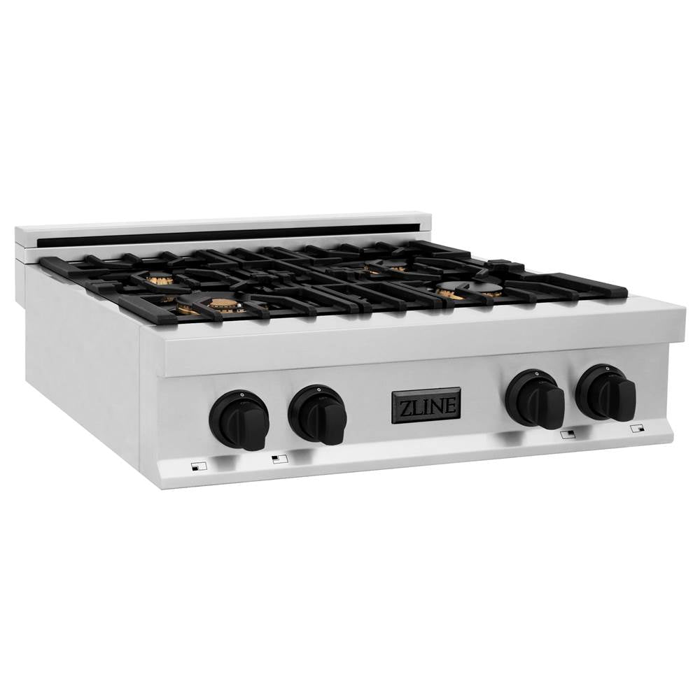 Z-Line - Autograph Edition 30'' Porcelain Rangetop with 4 Gas Burners in Stainless Steel and Matte Black Accents - Matte Black