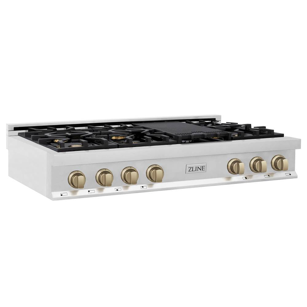Z-Line - Autograph Edition 48'' Porcelain Rangetop with 7 Gas Burners in Stainless Steel and Champagne Bronze Accents - Champagne Bronze