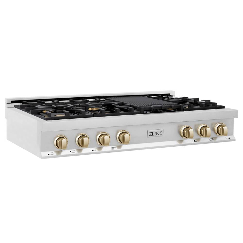 Z-Line - Autograph Edition 48'' Porcelain Rangetop with 7 Gas Burners in Stainless Steel and Gold Accents