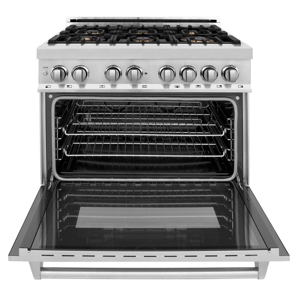 36'' 4.6 cu. ft. Electric Oven and Gas Cooktop Dual Fuel Range with Griddle and Brass Burners in Stainless Steel
