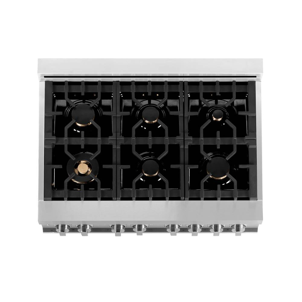 36'' 4.6 cu. ft. Electric Oven and Gas Cooktop Dual Fuel Range with Griddle and Brass Burners in Stainless Steel