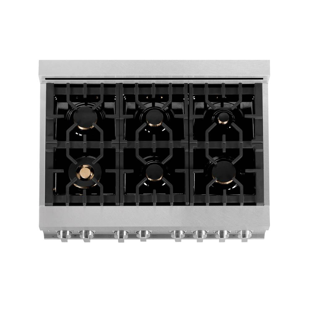 36'' 4.6 cu. ft. Electric Oven and Gas Cooktop Dual Fuel Range with Griddle and Brass Burners in Fingerprint Resistant Stainless