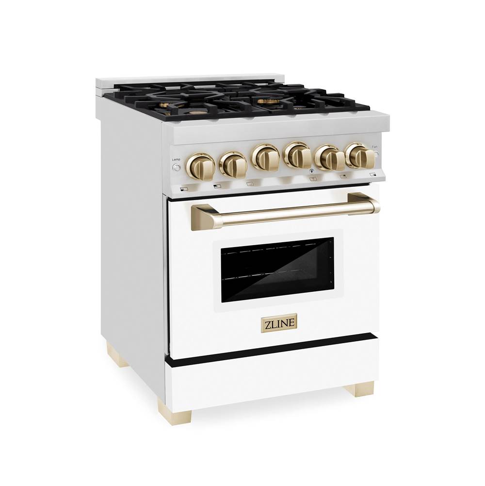 Z-Line - Autograph Edition 24'' 2.8 cu.' Range with Gas Stove and Gas Oven in Stainless Steel with White Matte Door and Gold Accents