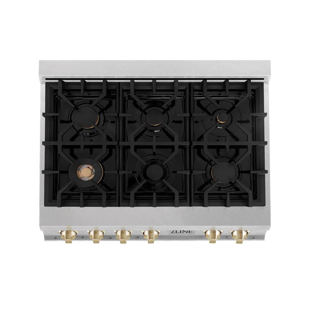 Autograph Edition 36'' Porcelain Rangetop with 6 Gas Burners in DuraSnow Stainless Steel and Champagne Bronze Accents