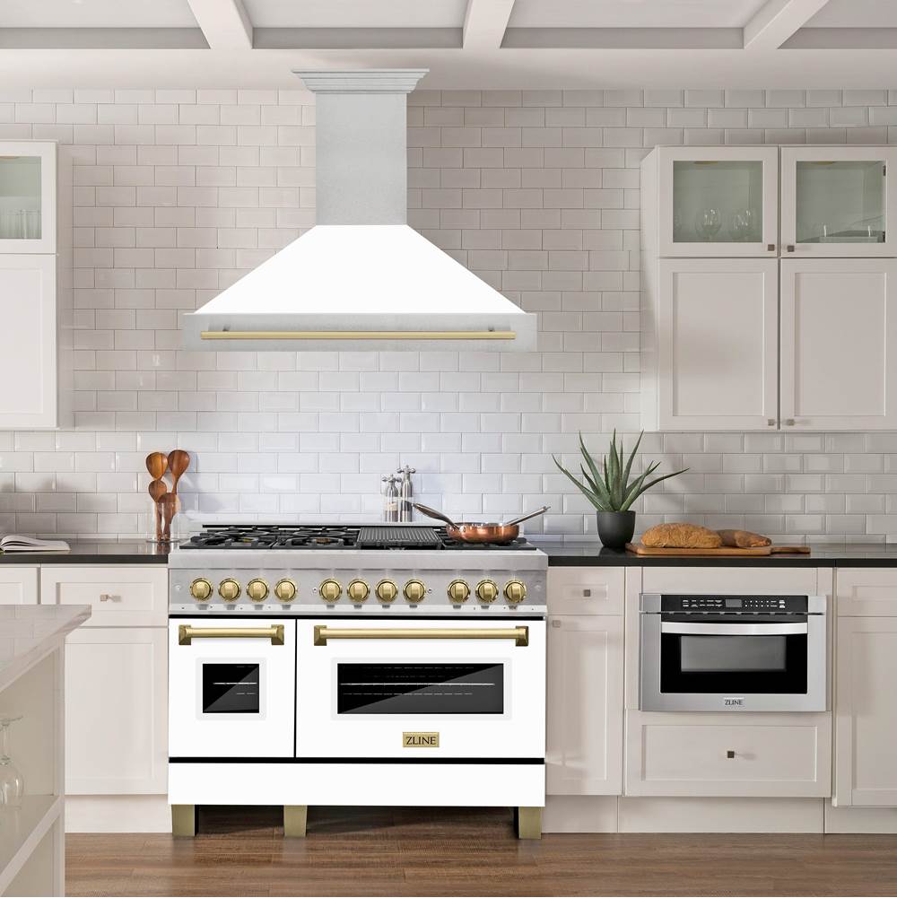48'' Autograph Edition DuraSnow Stainless Steel Range Hood with White Matte Shell and Champagne Bronze Handle