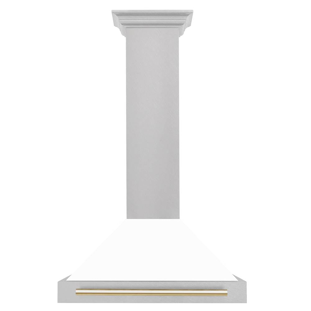 30'' Autograph Edition DuraSnow Stainless Steel Range Hood with White Matte Shell and Champagne Bronze Handle