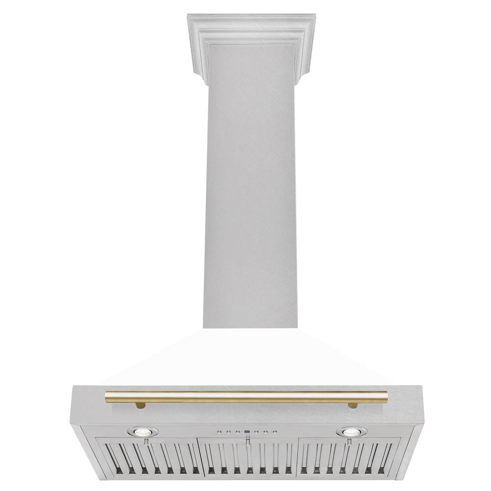 30'' Autograph Edition DuraSnow Stainless Steel Range Hood with White Matte Shell and Champagne Bronze Handle