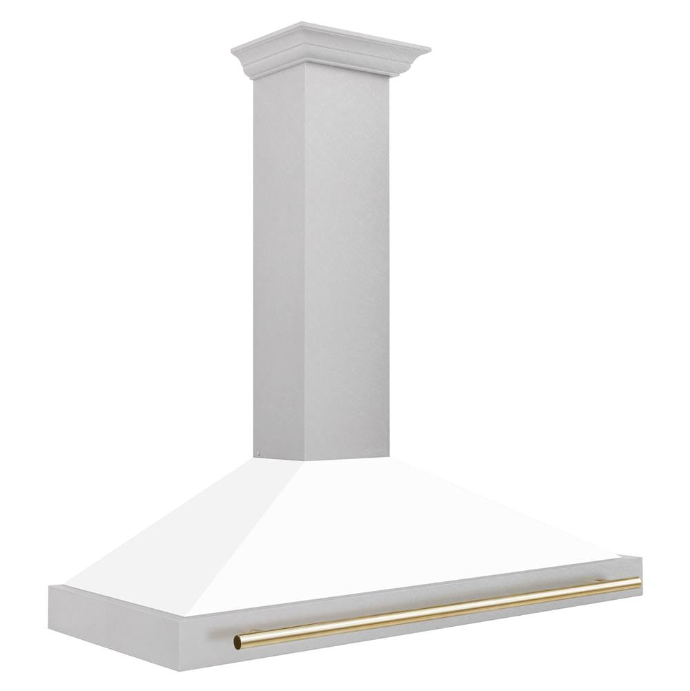 48'' Autograph Edition DuraSnow Stainless Steel Range Hood with White Matte Shell and Champagne Bronze Handle