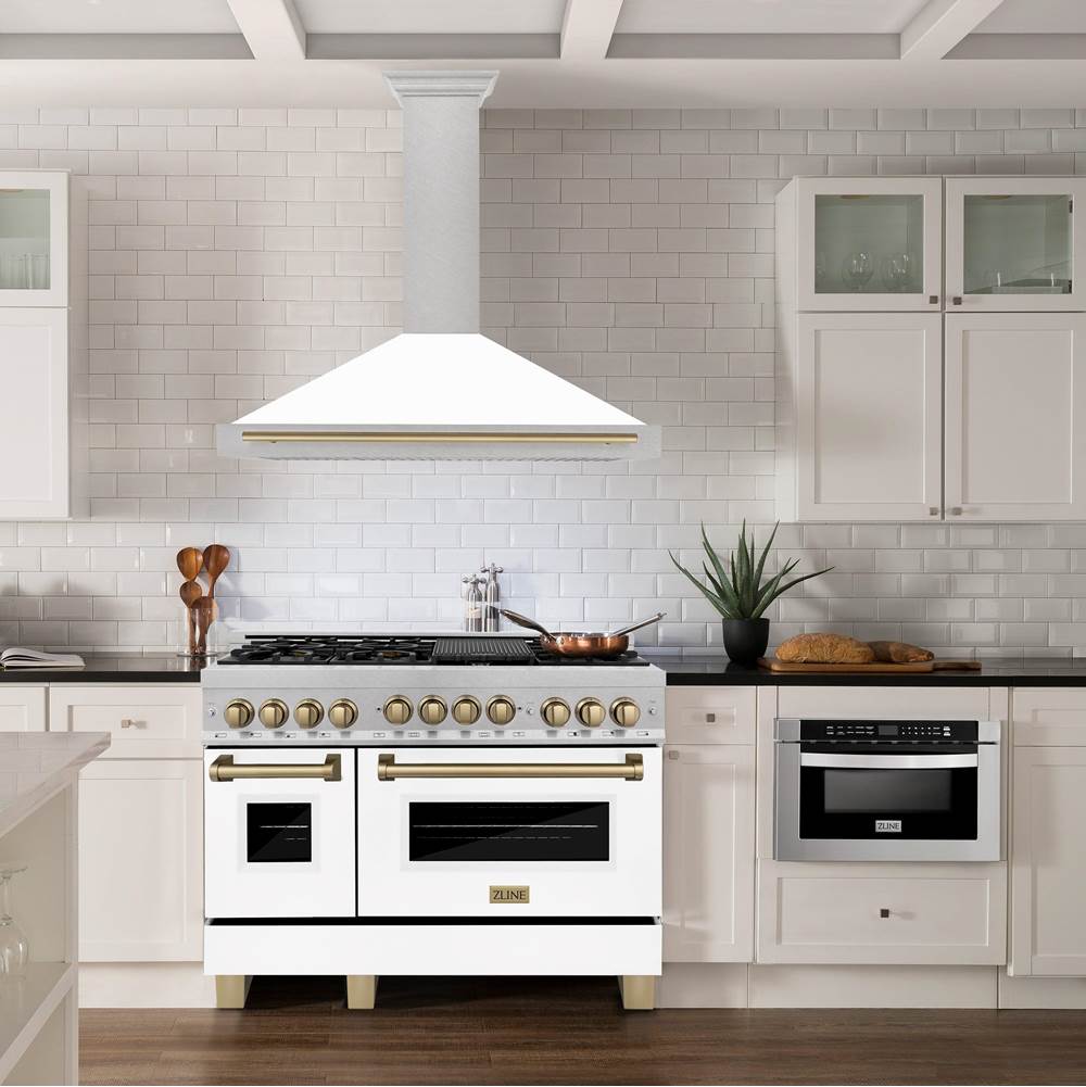 48'' Autograph Edition DuraSnow Stainless Steel Range Hood with White Matte Shell and Champagne Bronze Handle