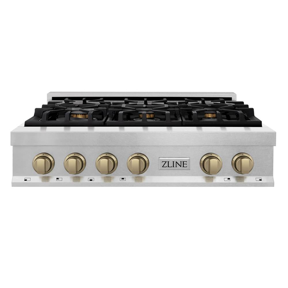 Autograph Edition 36'' Porcelain Rangetop with 6 Gas Burners in DuraSnow Stainless Steel and Champagne Bronze Accents