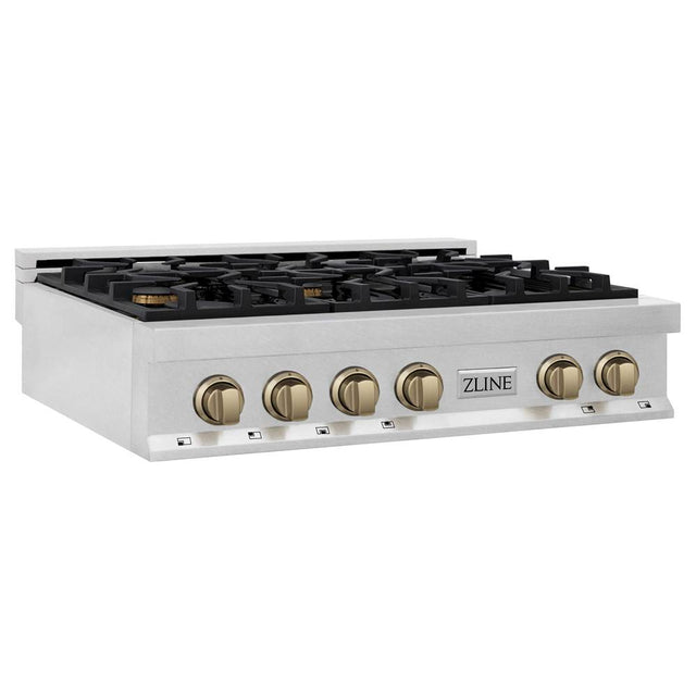 Z-Line - Autograph Edition 36'' Porcelain Rangetop with 6 Gas Burners in DuraSnow Stainless Steel and Champagne Bronze Accents - Champagne Bronze