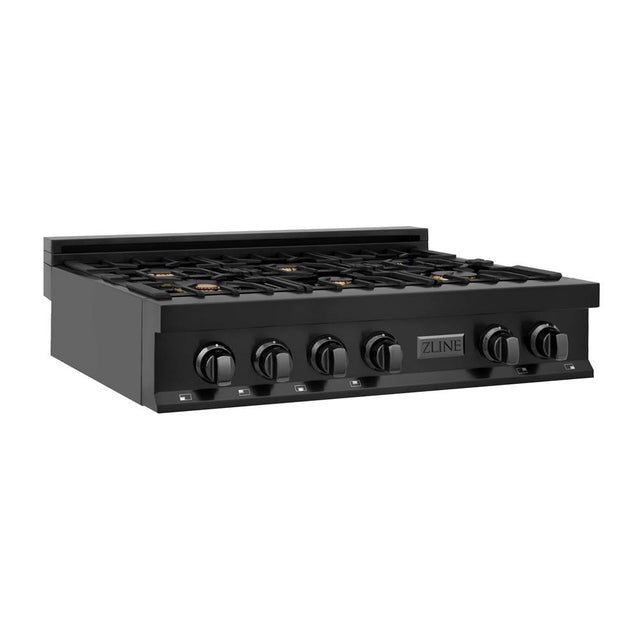 Z-Line - 36'' Porcelain Gas Stovetop in Black Stainless with Brass Burners - Black Stainless Steel