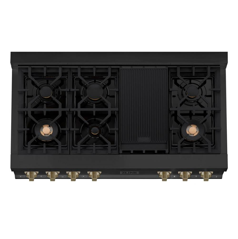 Autograph Edition 48'' Porcelain Rangetop with 7 Gas Burners in Black Stainless Steel and Champagne Bronze Accents