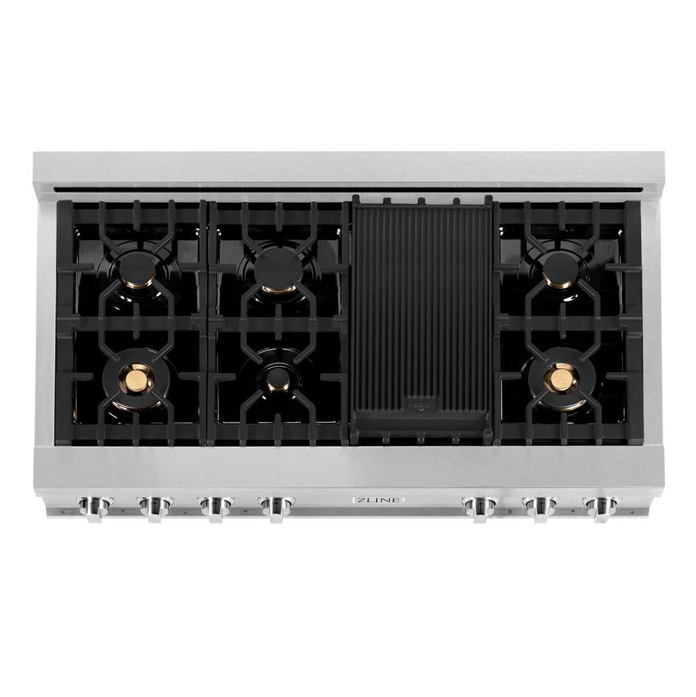 48'' Porcelain Gas Stovetop in DuraSnow Stainless Steel with 7 Gas Brass Burners and Griddle