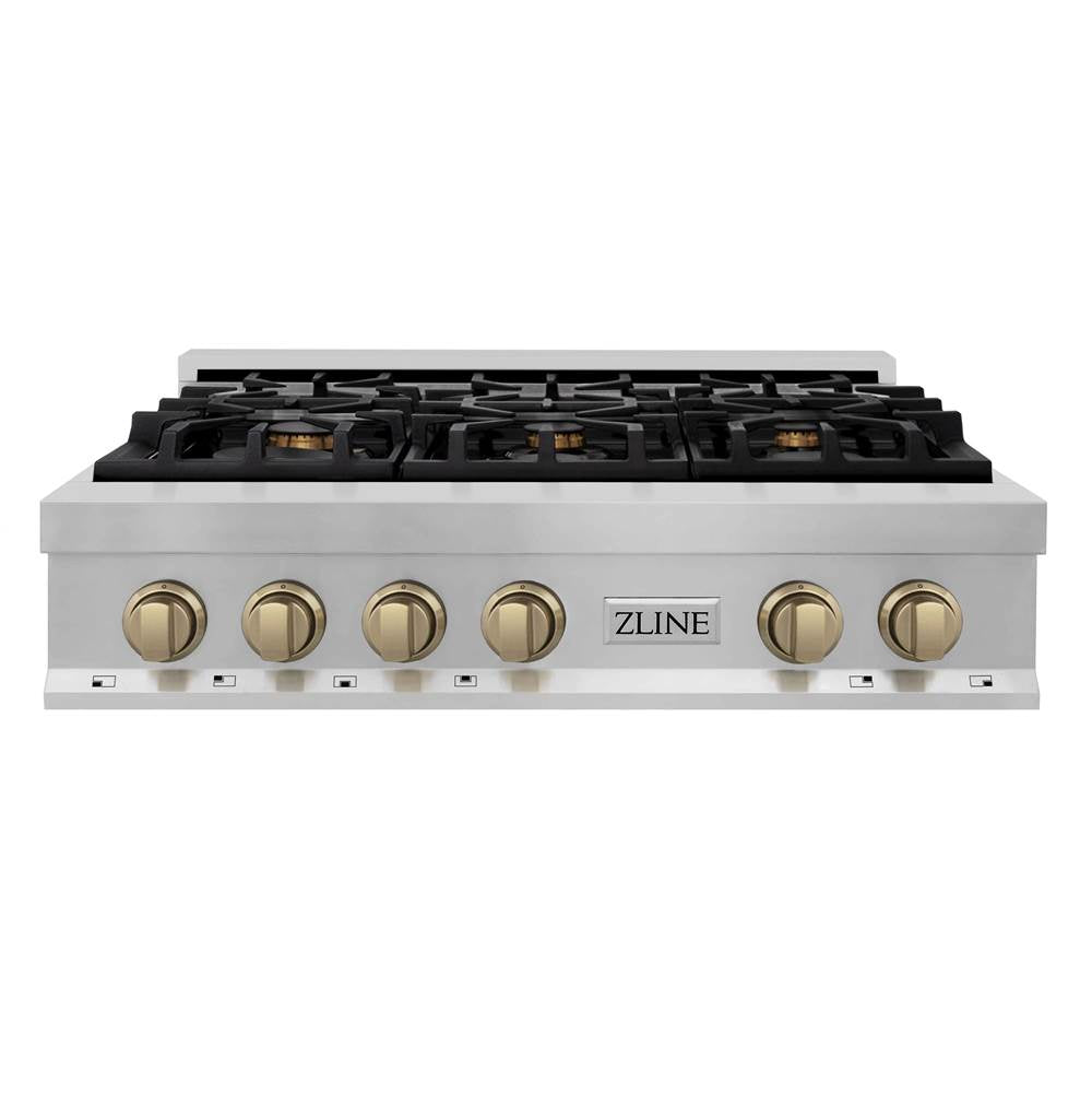 Autograph Edition 36'' Porcelain Rangetop with 6 Gas Burners in Stainless Steel and Champagne Bronze Accents