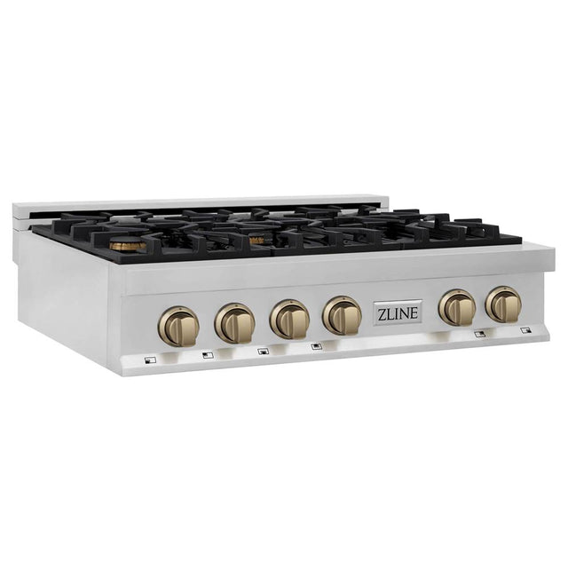Z-Line - Autograph Edition 36'' Porcelain Rangetop with 6 Gas Burners in Stainless Steel and Champagne Bronze Accents - Champagne Bronze