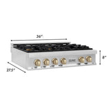 Autograph Edition 36'' Porcelain Rangetop with 6 Gas Burners in Stainless Steel and Champagne Bronze Accents