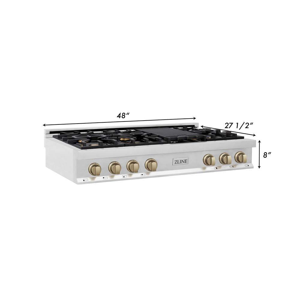 Autograph Edition 48'' Porcelain Rangetop with 7 Gas Burners in Stainless Steel and Champagne Bronze Accents