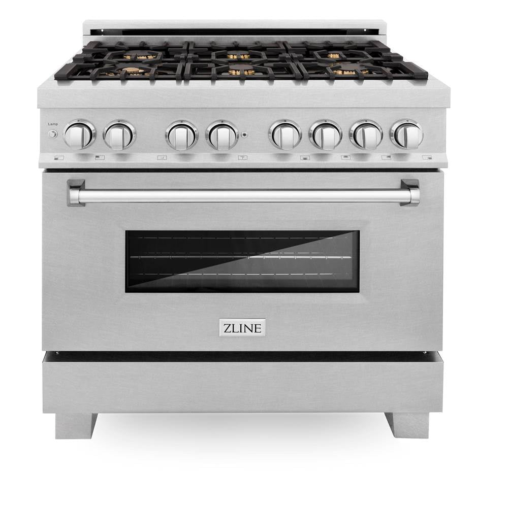 36'' 4.6 cu. ft. Electric Oven and Gas Cooktop Dual Fuel Range with Griddle and Brass Burners in Fingerprint Resistant Stainless