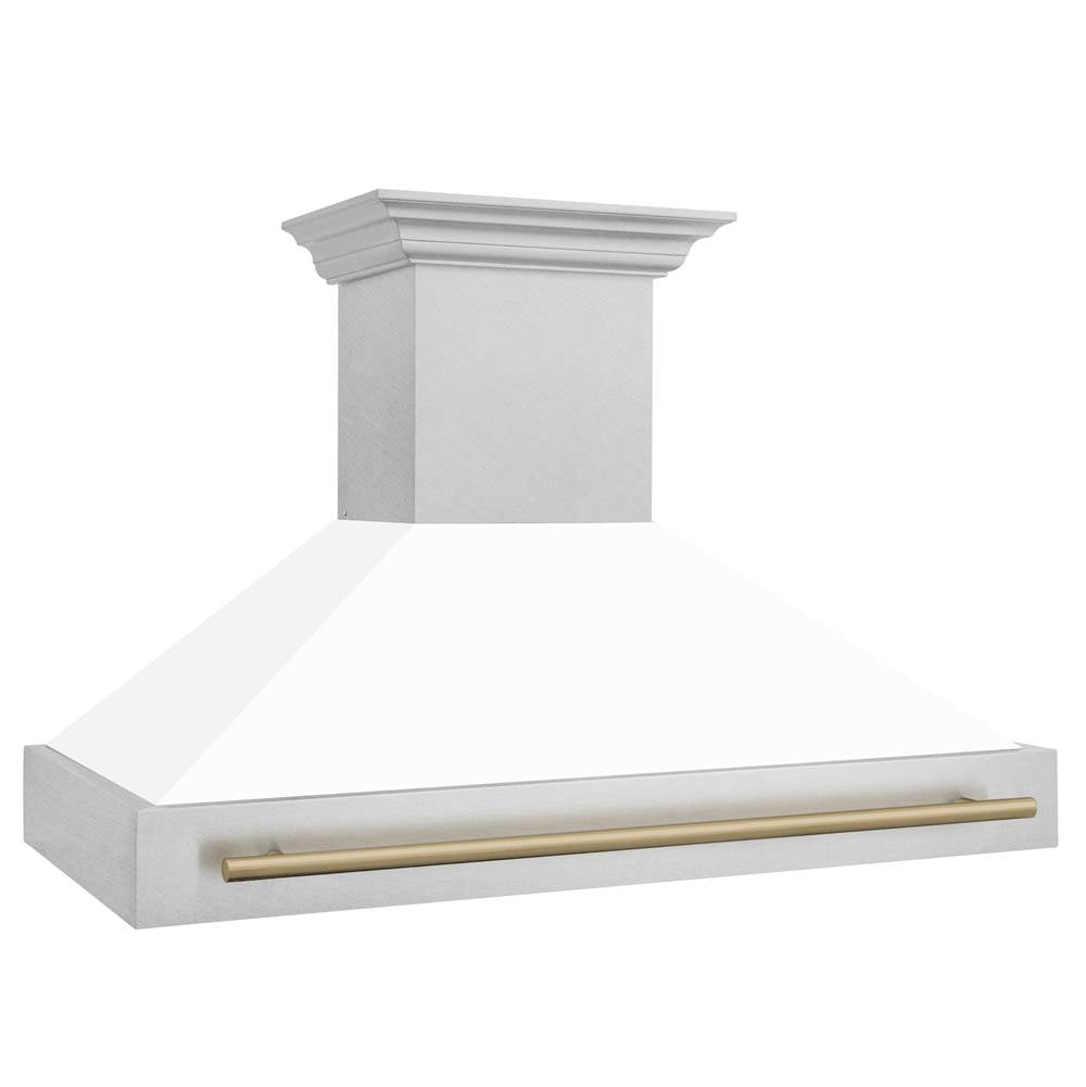 48'' Autograph Edition DuraSnow Stainless Steel Range Hood with White Matte Shell and Champagne Bronze Handle