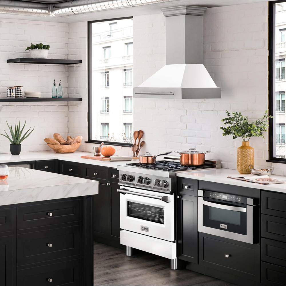 30'' Stainless Steel Range Hood with White Matte Shell and Stainless Steel Handle