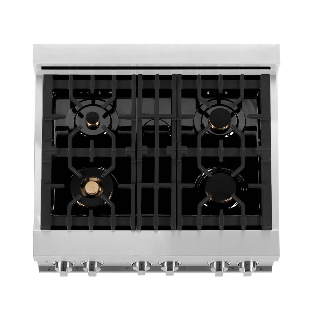 30'' 4.0 cu. ft. Electric Oven and Gas Cooktop Dual Fuel Range with Griddle and Brass Burners in Stainless Steel