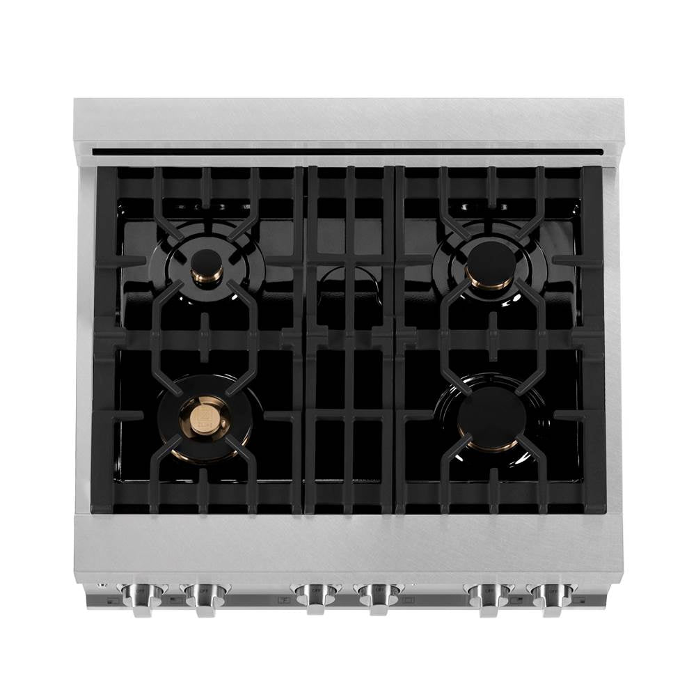 30'' 4.0 cu. ft. Electric Oven and Gas Cooktop Dual Fuel Range with Griddle and Brass Burners in Fingerprint Resistant Stainless