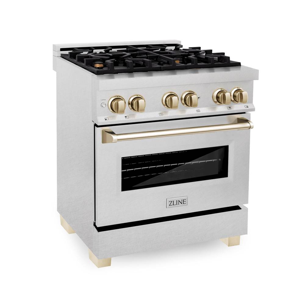 Z-Line - Autograph Edition 30'' 4.0 cu.' Dual Fuel Range with Gas Stove and Electric Oven in DuraSnow Stainless Steel with Gold Accents