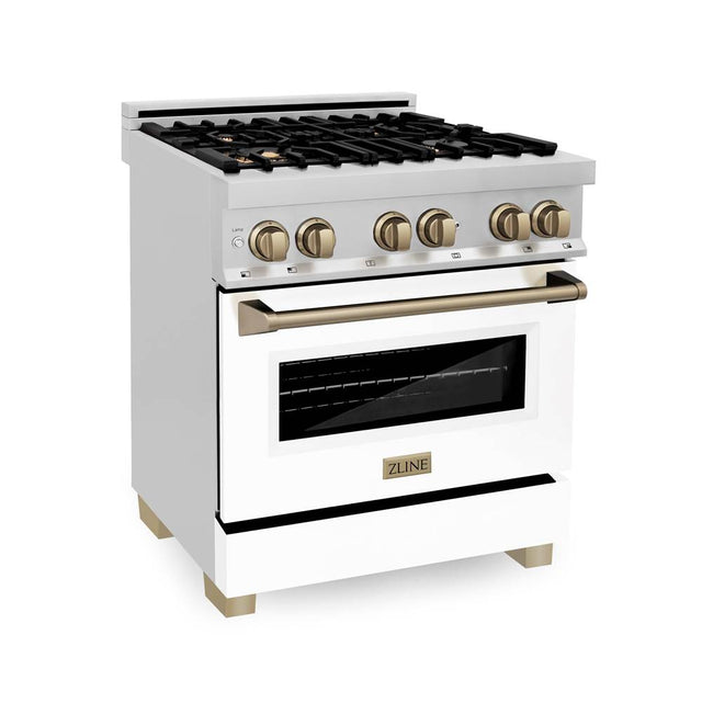 Z-Line - Autograph Edition 30'' 4.0 cu.' Dual Fuel Range with Gas Stove and Electric Oven in Stainless Steel with White Matte Door and CB Accents - Champagne Bronze
