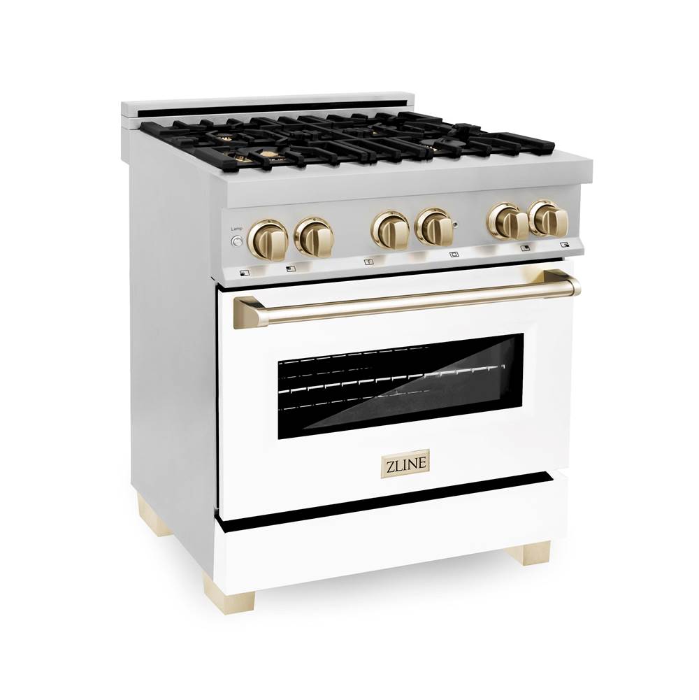 Z-Line - Autograph Edition 30'' 4.0 cu.' Dual Fuel Range with Gas Stove and Electric Oven in Stainless Steel with White Matte Door and Gold Accents