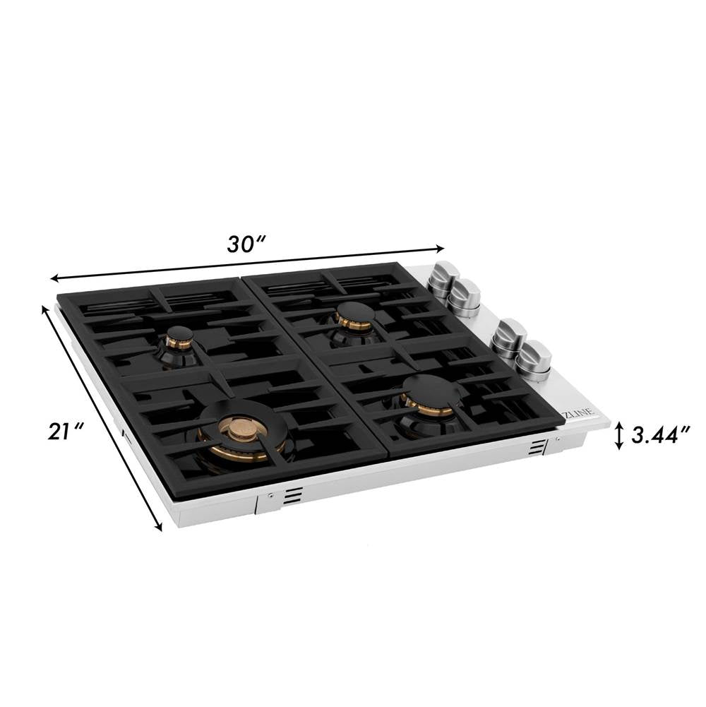 30'' Dropin Cooktop with 4 Gas Brass Burners and Black Porcelain Top